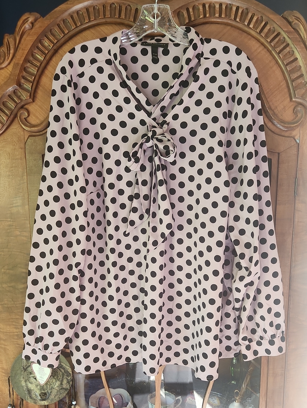 Lane Bryant Polka Dot Tie Neck Blouse Size 18/20 Pink Black Long Sleeve